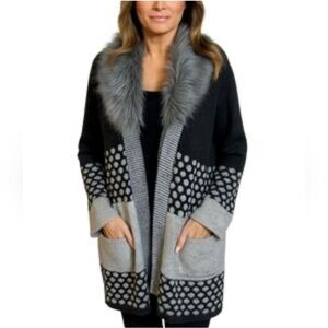 JOSEPH A Cardigan Sweater Geometric Faux Fur Collar Pockets Gray Black Medium